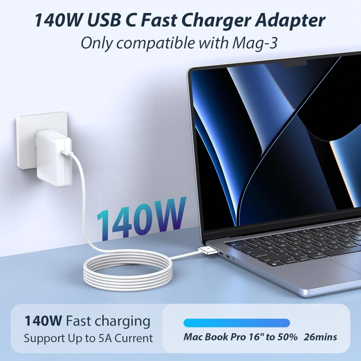 Mac Book Pro Charger- 140W USB-C GaN Power Adapter with Magnetic 3 Cable (6.6FT) for MacBook Pro 14-inch 16-inch with M1/M2/M3/M4 Pro/Max Model (2021-2025 Model) - Fast Charge Support